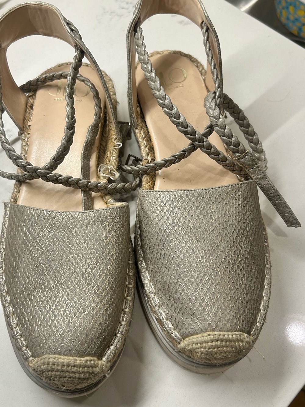 Jennifer Lopez Metallic Silver Braided Espadrille Sandals